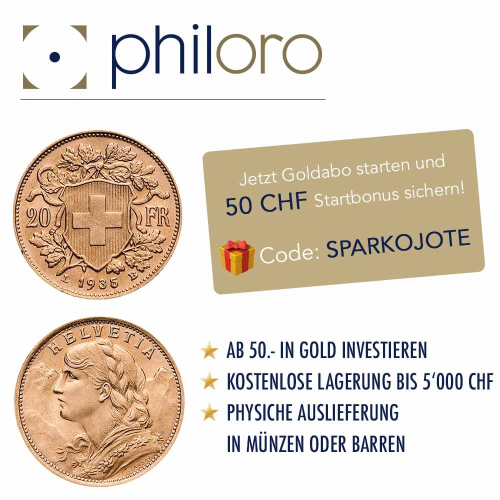 philoro Edelmetall-Abo Gold-Abo 50 CHF Startguthaben Gutscheincode SPARKOJOTE Sparkojote philoro Gutscheincode