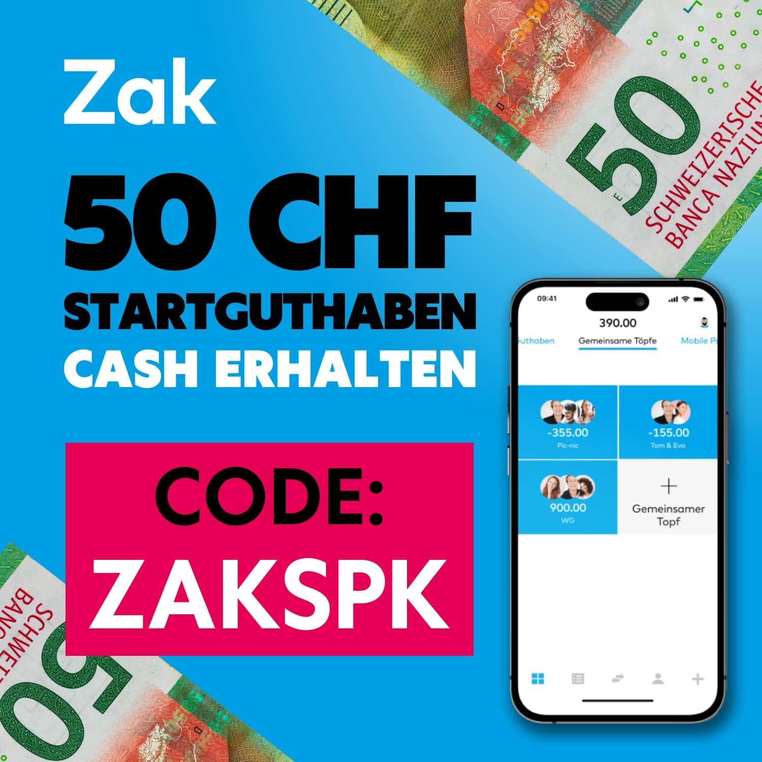 Bank Cler Zak Gutscheincode 50 CHF Guthaben ZAKSPK Sparkojote Zak Gutschein Code 50 CHF